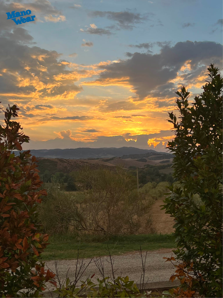 View of Tuscanian landscape with sunrise in the background.