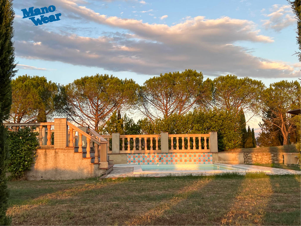 Swimming pool with balustrade and trees in the background